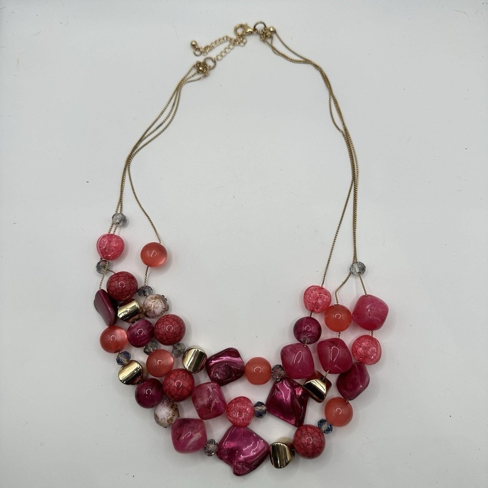 VTG Multi‎ Layer Gold Strand Chain Pink Tones Beaded Necklace Gold 25"